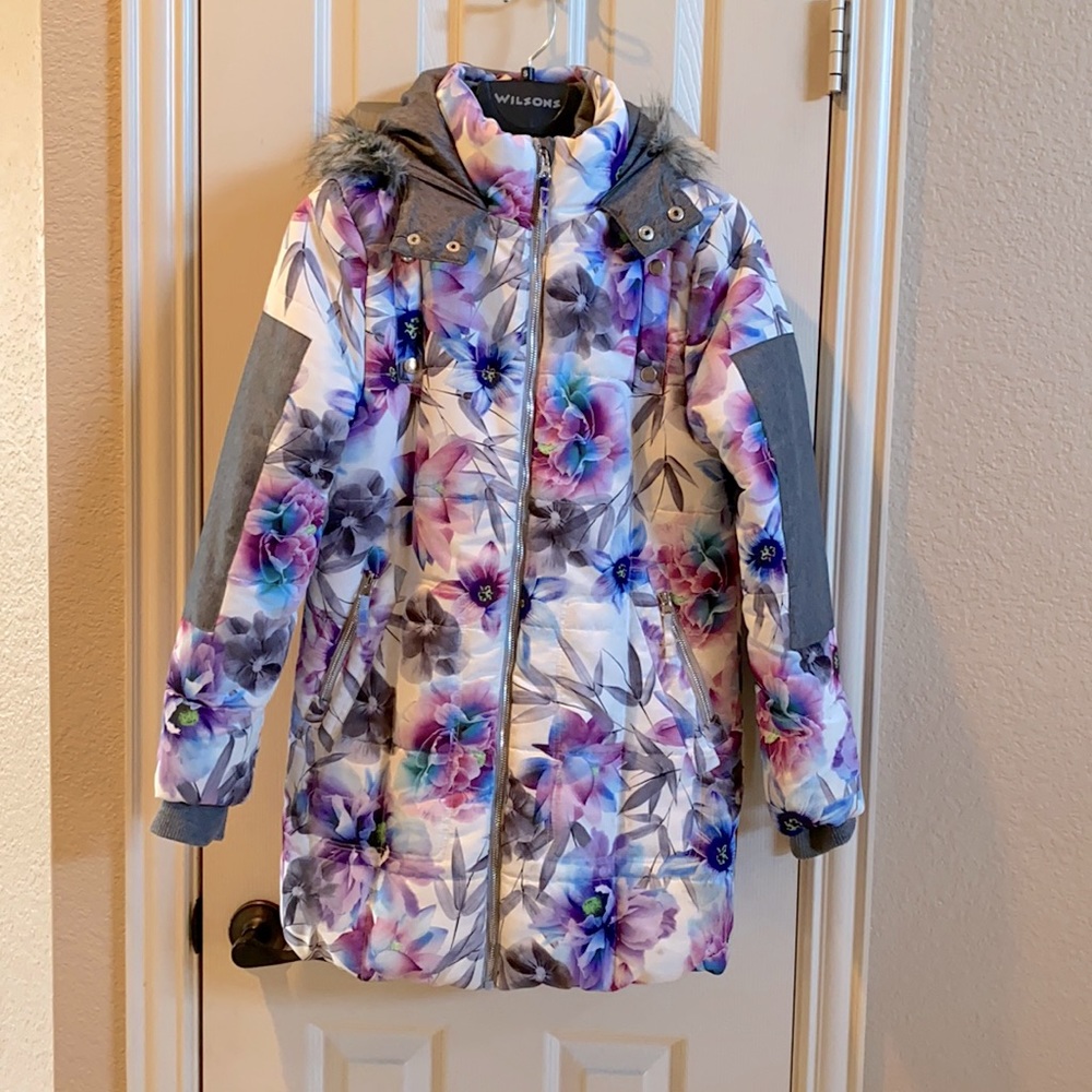 Warm winter coat bright flowers.  Fuzzy warm interior.